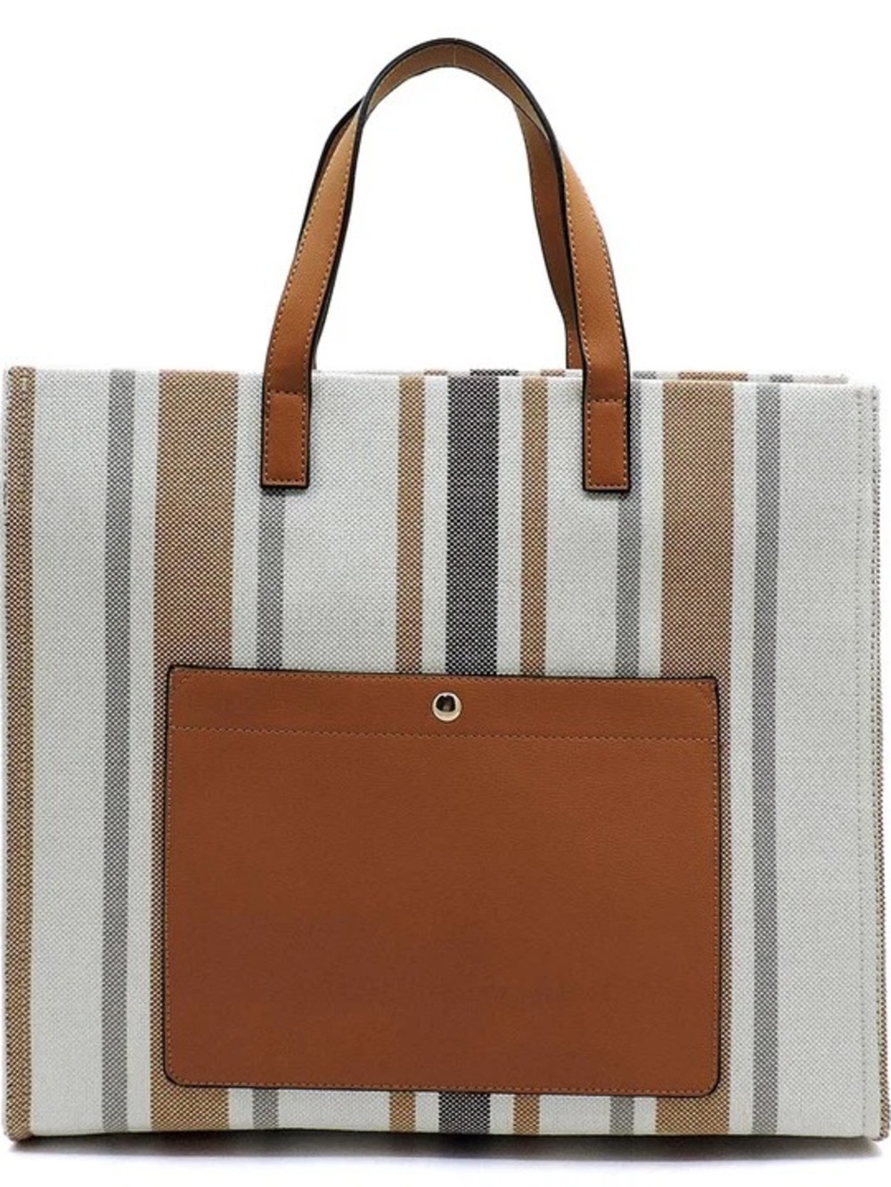 Striped Canvas Tote Bag with Tan Leather Trim